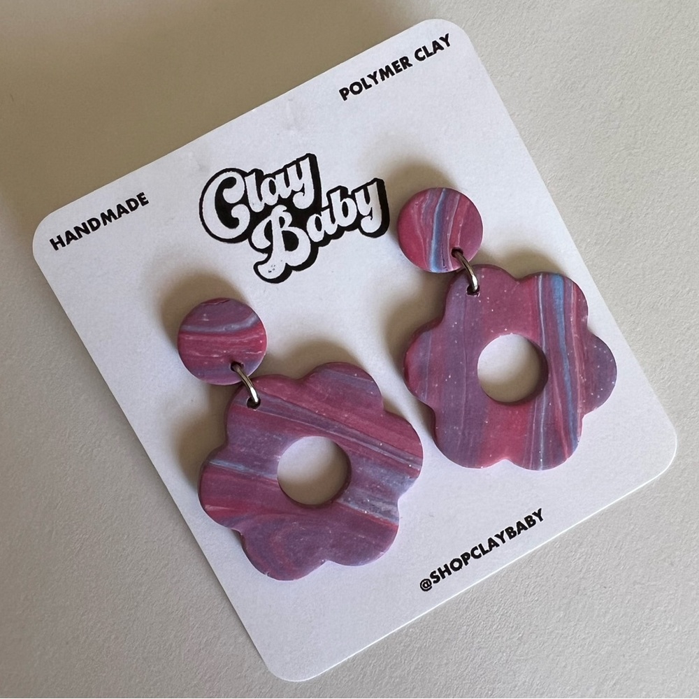 Handmade Polymer Clay Pink Purple Blue Marbled Retro Daisy Statement Earrings
